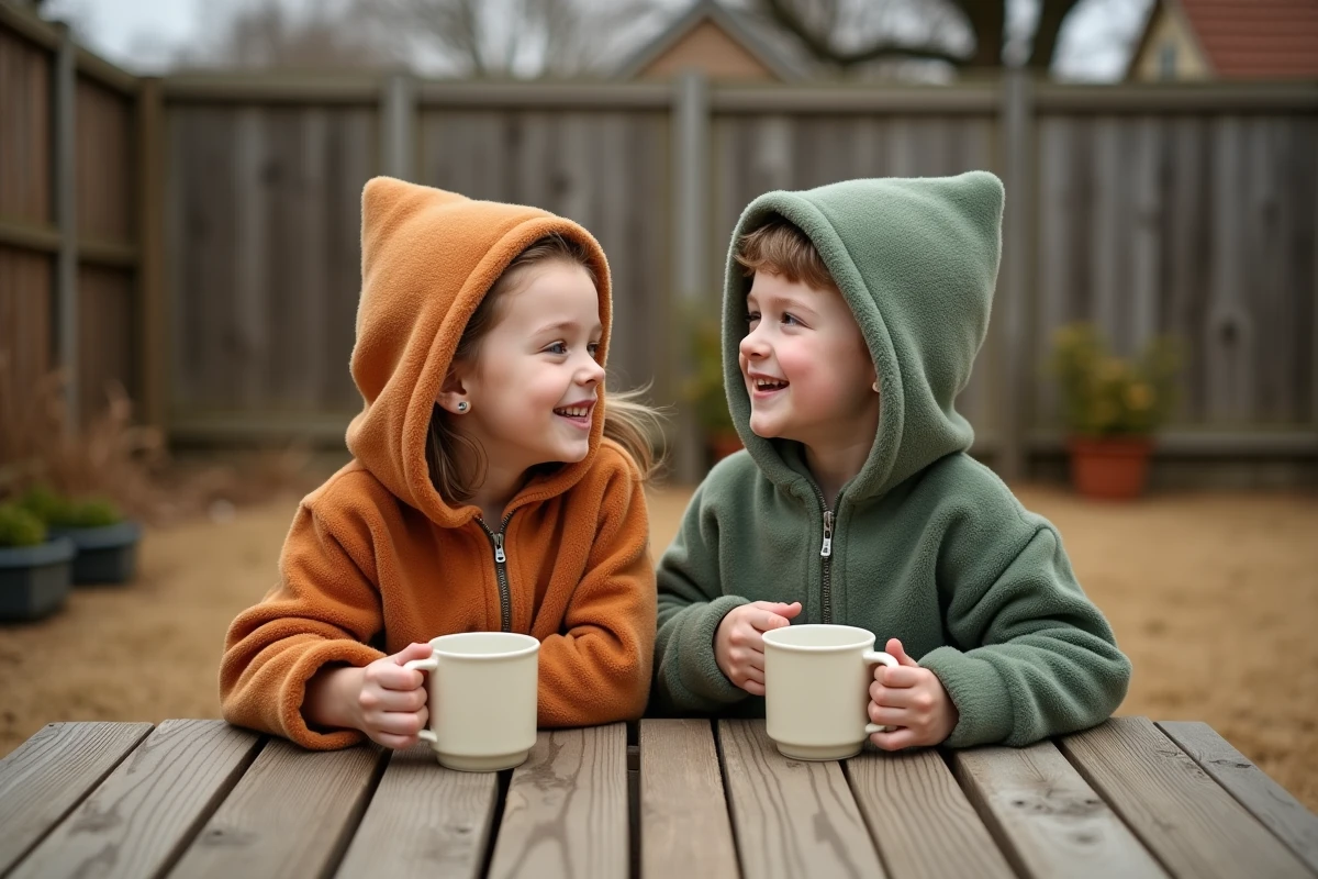 Deux enfants portant des ponchos polaires terracotta et vert sauge assis à une table en bois dans un jardin en hiver