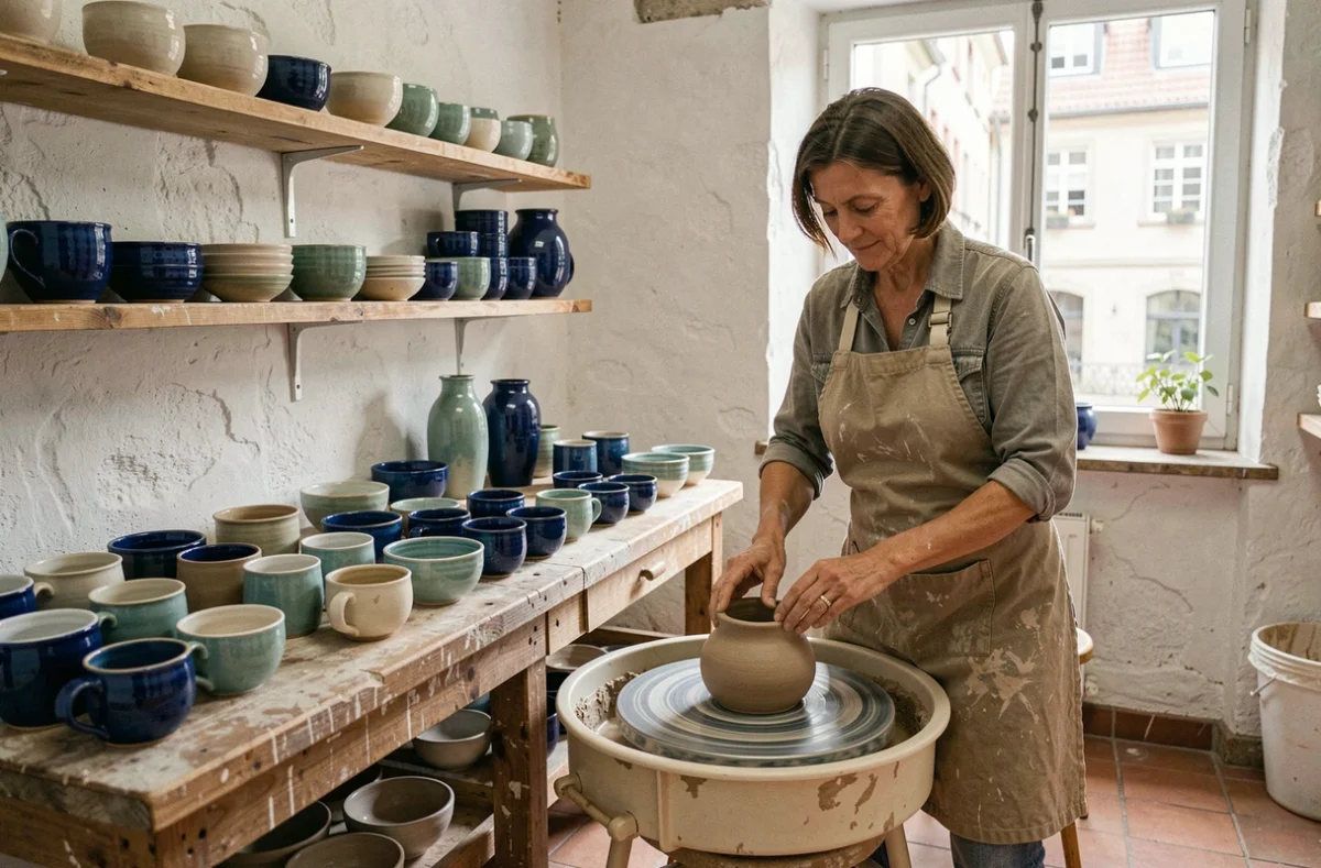 Atelier-boutique La Poterie des Oiseaux Bleus à Strasbourg avec potière au tour et céramiques émaillées en bleu cobalt et céladon