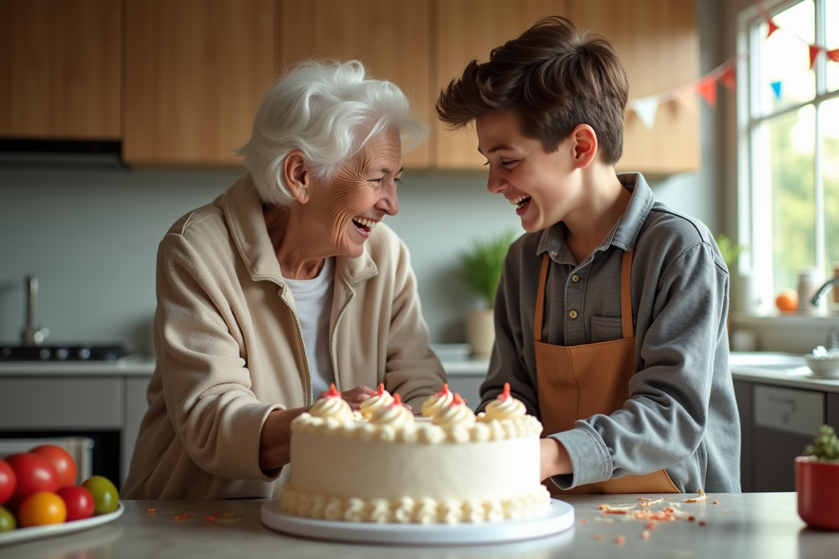 Adulte et adolescent décorant un gâteau dans la cuisine moderne