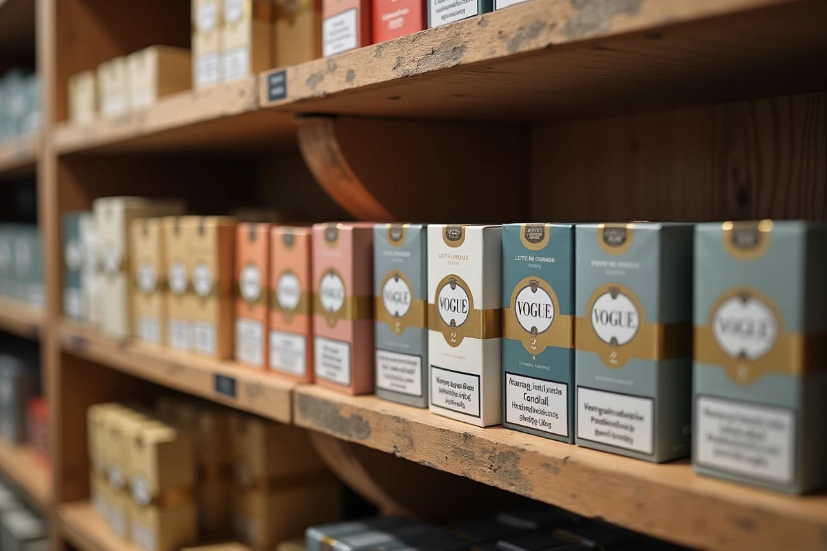 Rayonnage d'un bureau de tabac présentant les différentes variantes couleur de la gamme de cigarettes Vogue en 2026