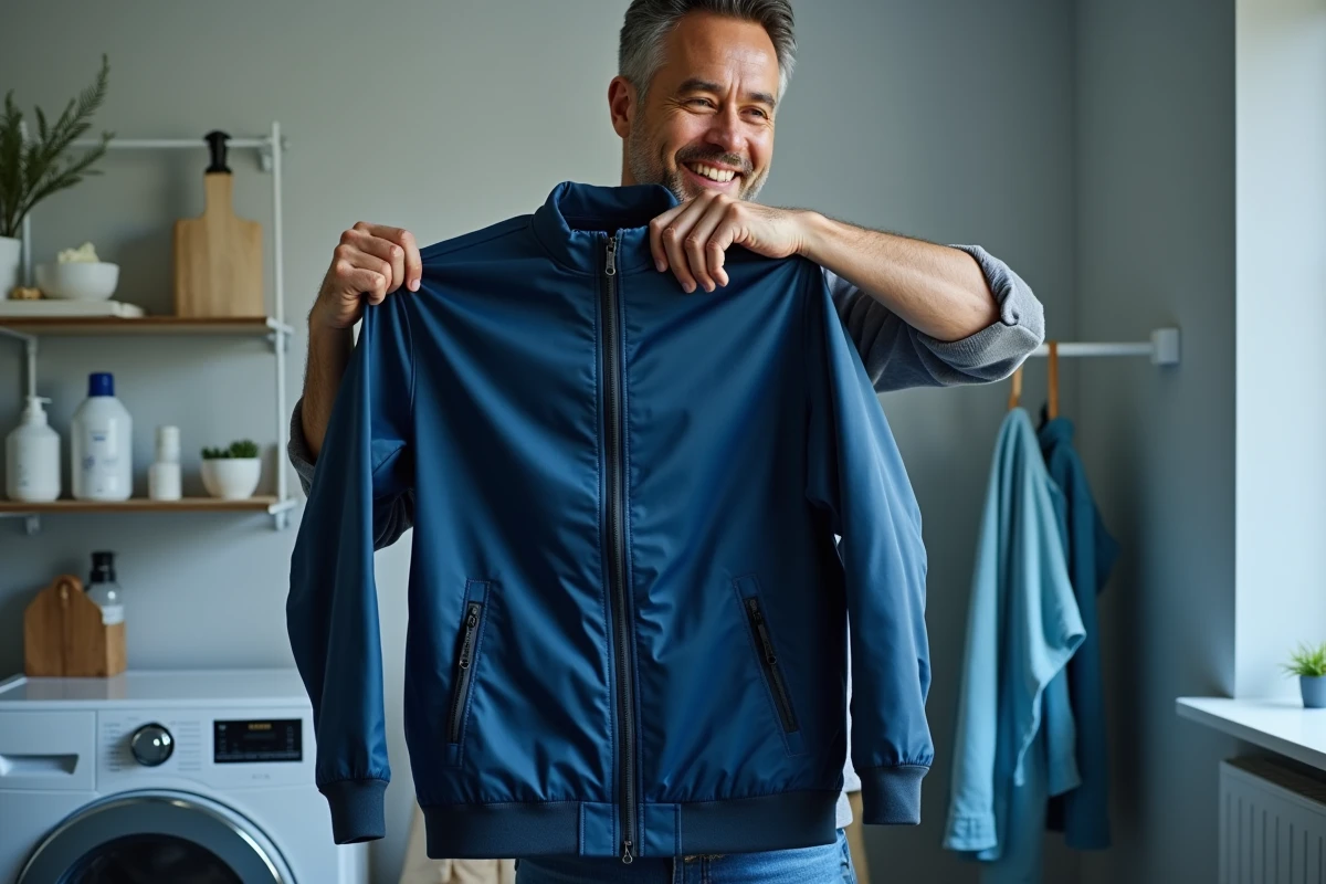 Homme inspectant une veste en polyester teinte en bleu marine dans une buanderie, résultat de la teinture synthétique