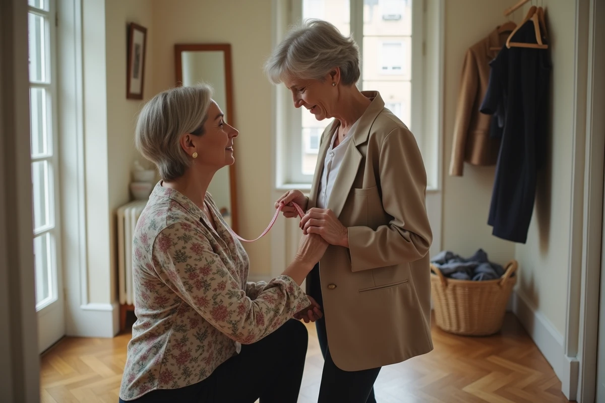 Retoucheuse professionnelle à domicile prenant les mesures d'une cliente pour une retouche pantalon dans un couloir résidentiel