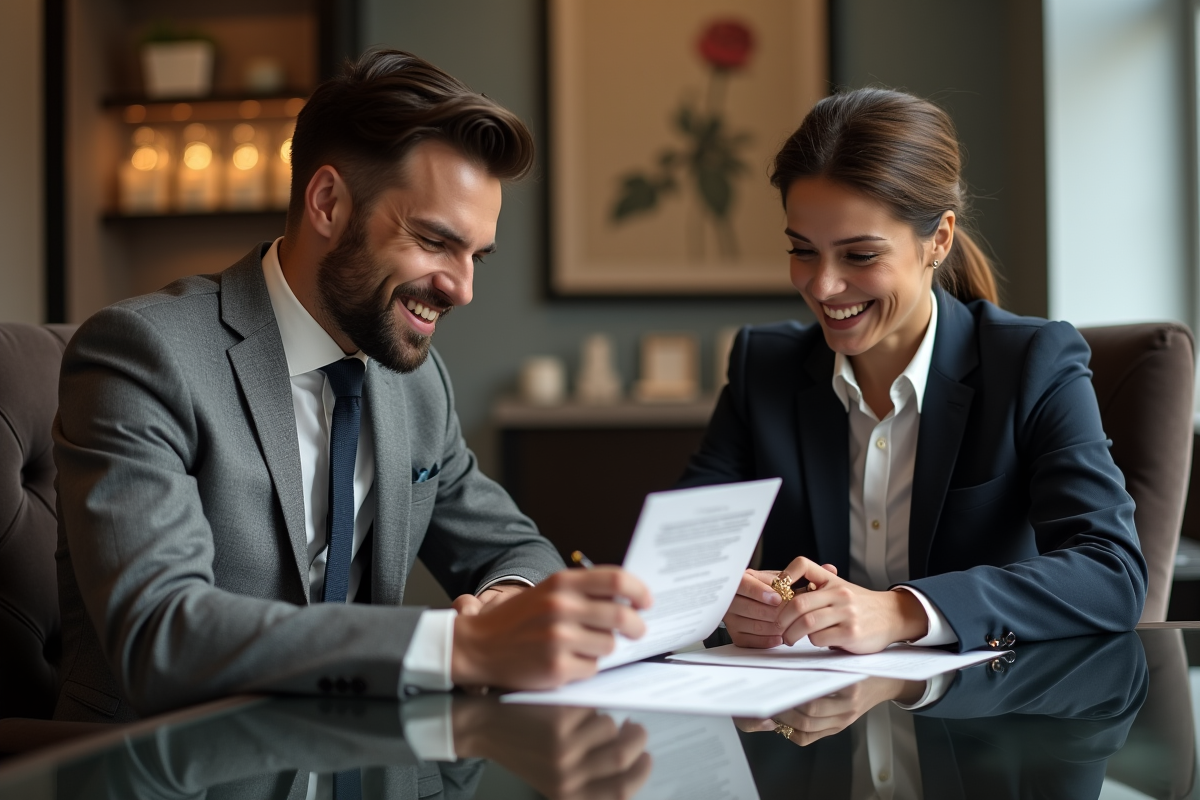 Jeune homme d affaires examinant une bague avec un bijoutier