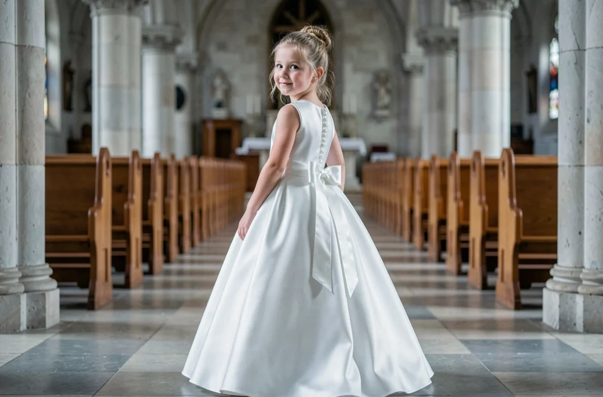 Petite fille en robe blanche de cérémonie avec détails en satin à l'intérieur d'une église pour mariage