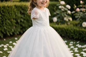 Fillette en robe blanche de cérémonie en dentelle et tulle dans un jardin fleuri pour mariage