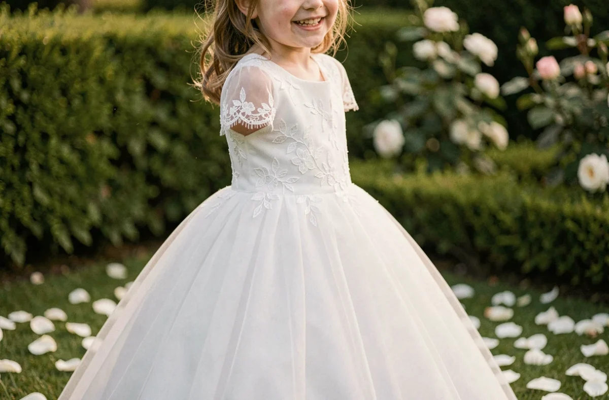 Fillette en robe blanche de cérémonie en dentelle et tulle dans un jardin fleuri pour mariage