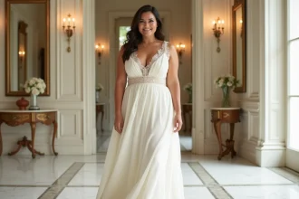 Femme grande taille portant une robe habillée blanche élégante dans une boutique parisienne au décor raffiné