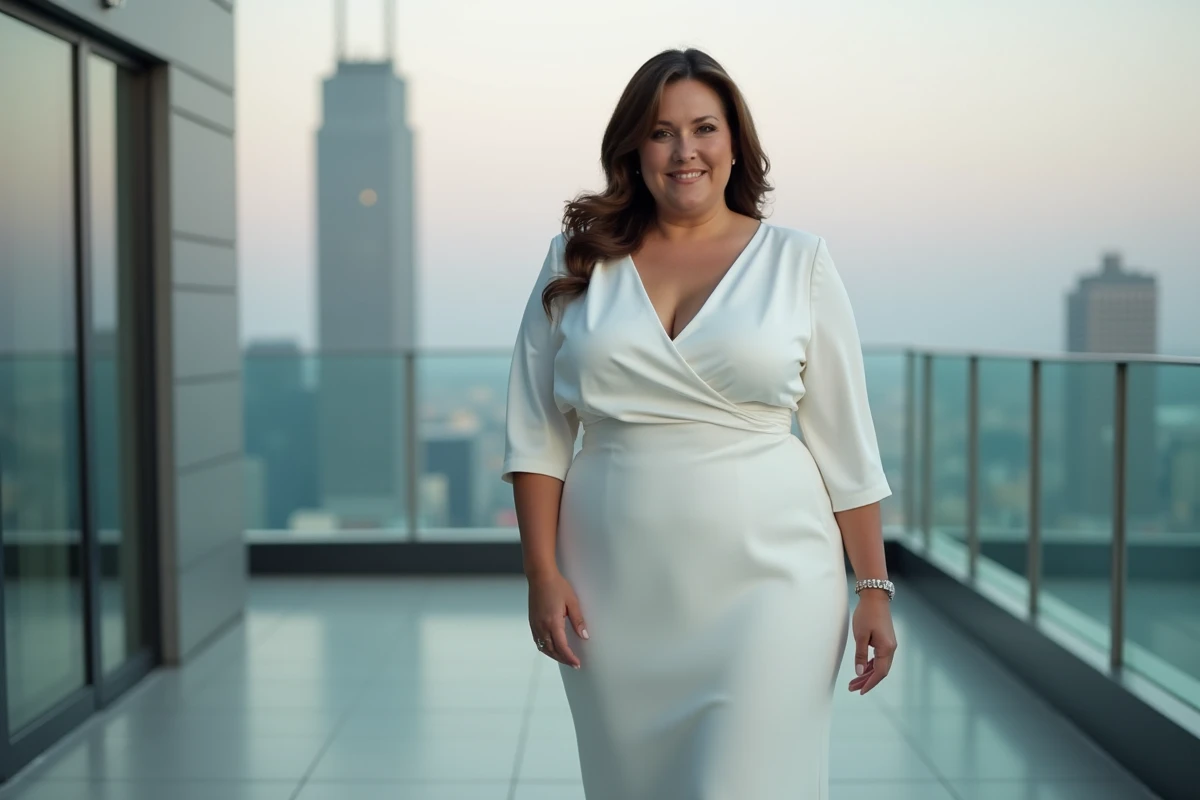 Femme grande taille en robe habillée blanche structurée sur un rooftop urbain moderne