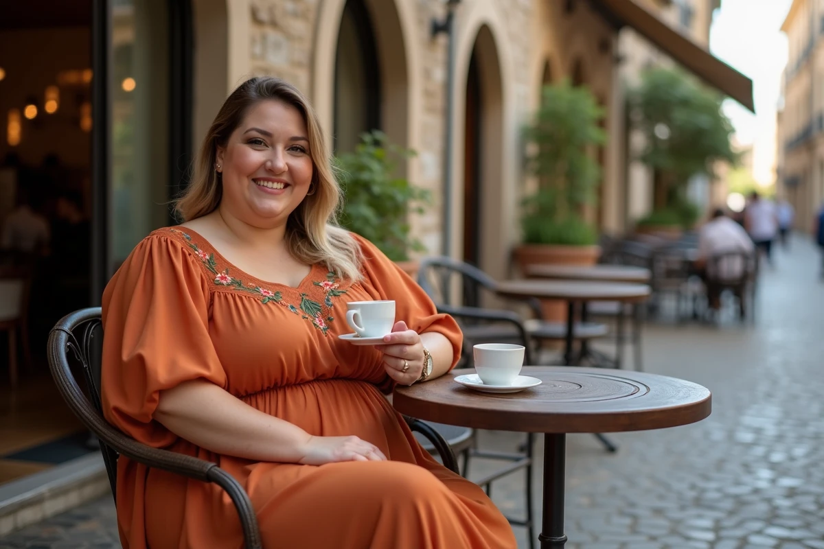 Femme ronde en robe trapèze en mousseline terracotta assise en terrasse de café méditerranéen