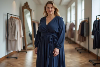 Femme grande taille portant une robe trapèze bleu marine fluide dans une boutique parisienne élégante
