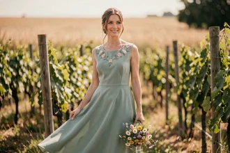 Femme portant une robe verte sauge brodée dans un vignoble pour un mariage champêtre chic