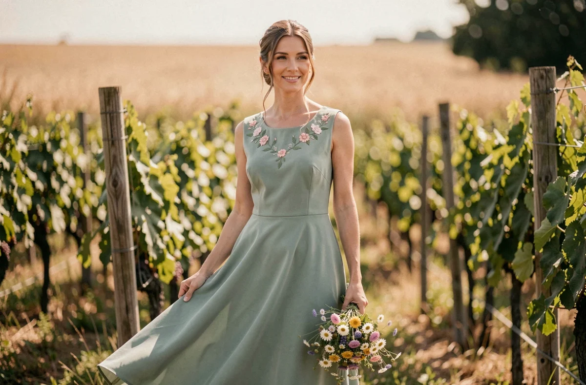 Femme portant une robe verte sauge brodée dans un vignoble pour un mariage champêtre chic