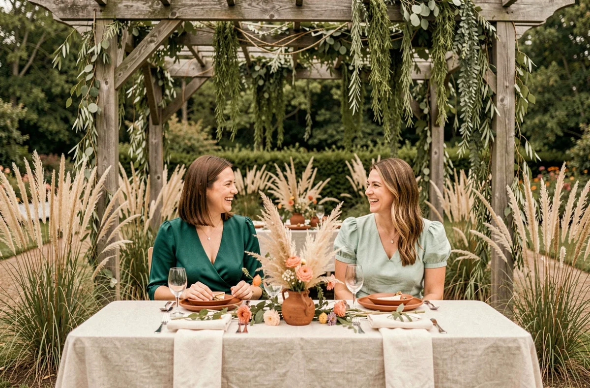 Deux femmes en robes vertes assises à une table de réception champêtre chic décorée avec des fleurs séchées