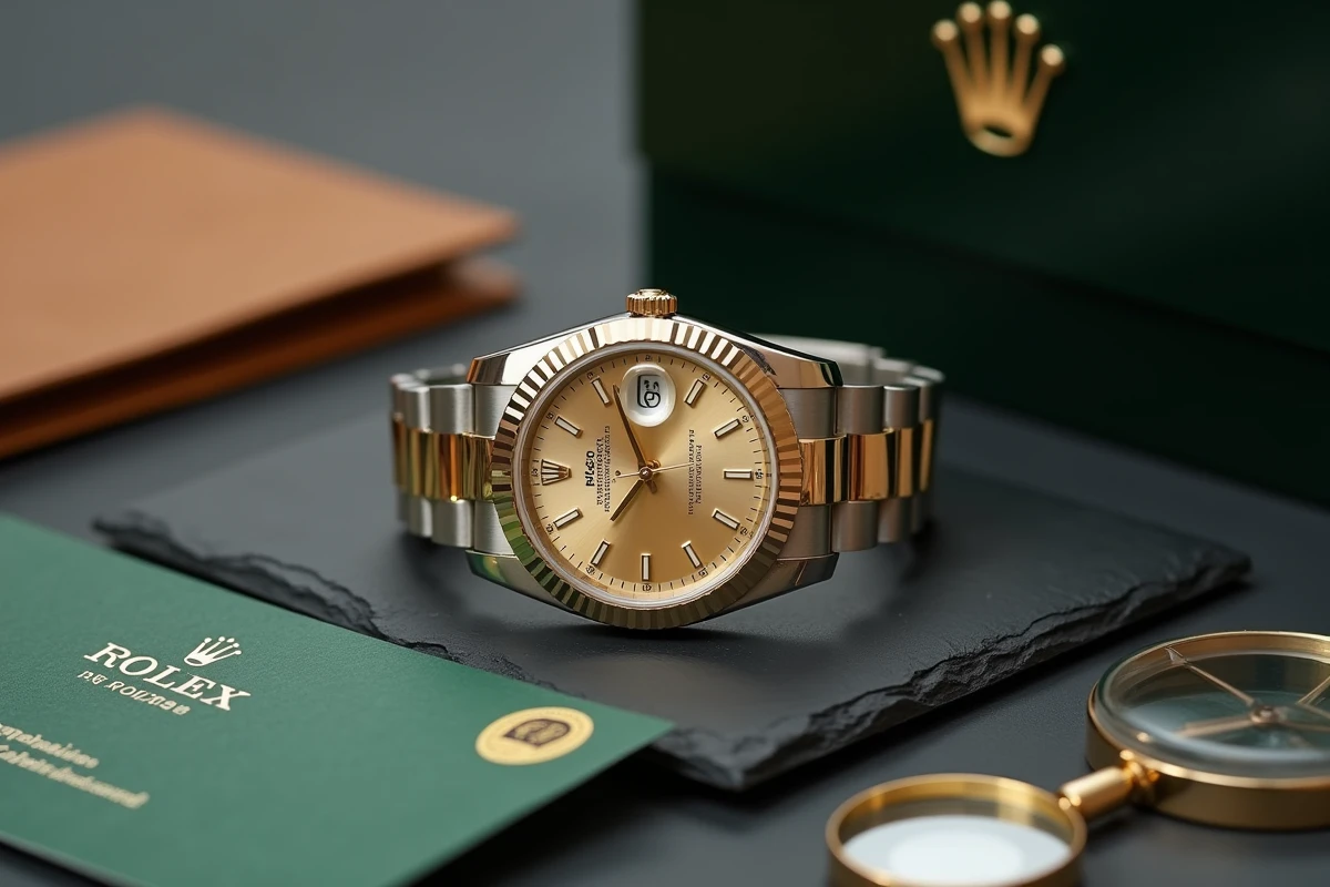 Flat-lay d'une Rolex Day-Date authentique avec boîte originale, carte de garantie et loupe pour vérification