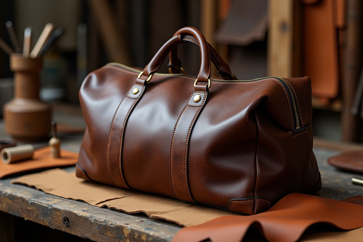 Sac sport en cuir véritable posé sur un établi d'artisan maroquinier avec outils de sellerie
