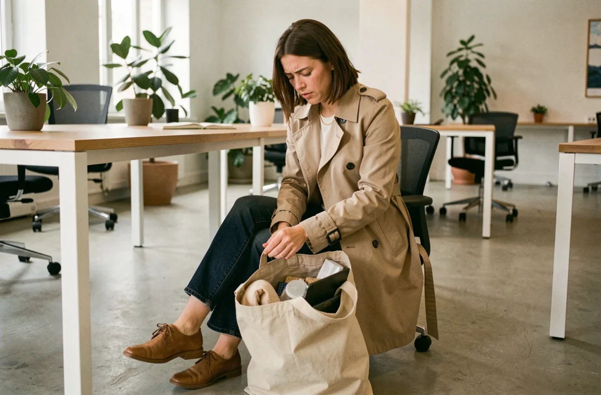 Femme au bureau cherchant dans un grand sac de travail informe et désorganisé posé sur le sol d'un espace de co-working