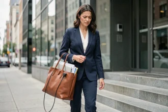 Femme professionnelle tenant un sac de travail en cuir surchargé avec des affaires qui débordent, devant un immeuble de bureaux moderne