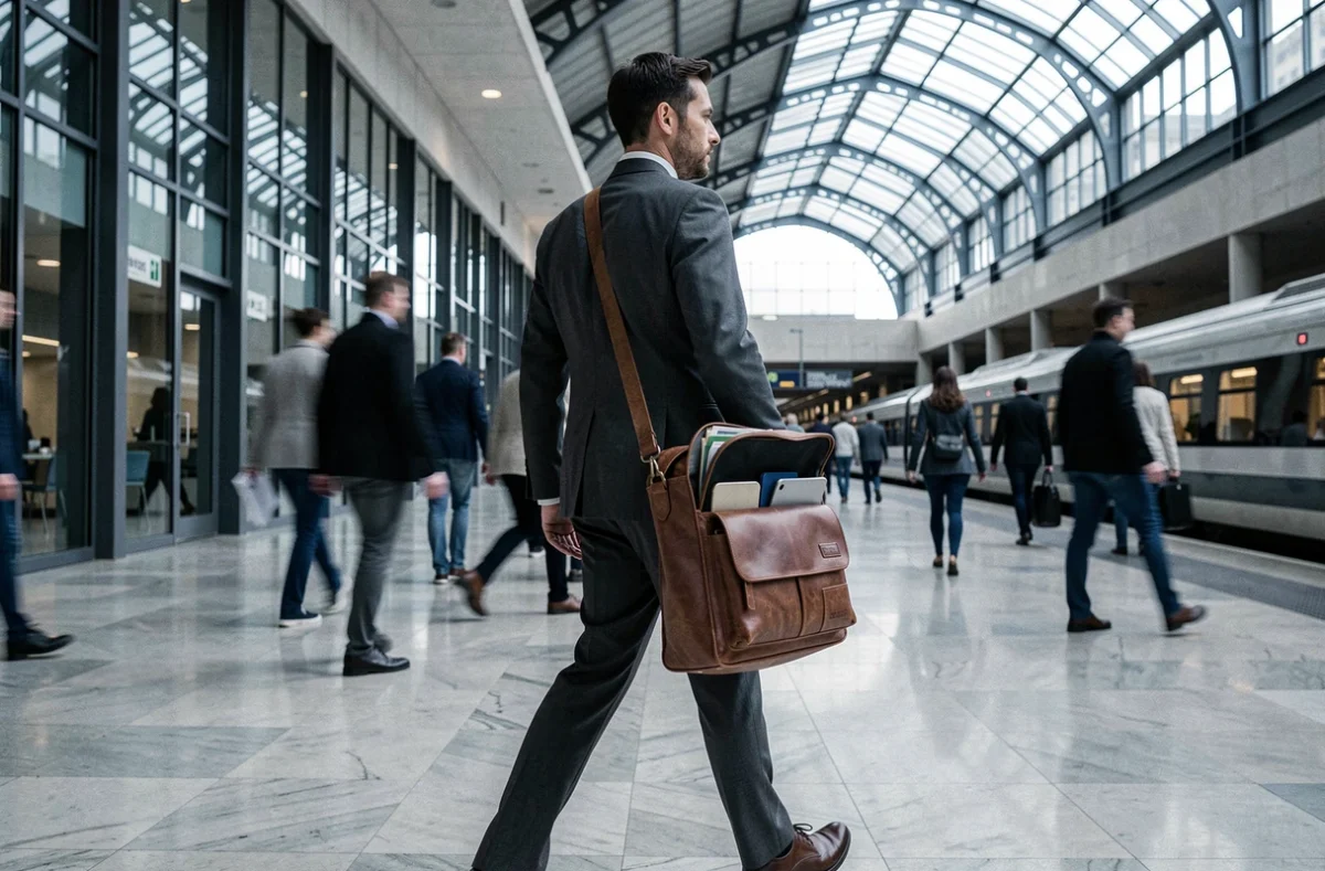 Homme en costume gris traversant une gare moderne avec une grande sacoche en cuir structurée contenant tablette et documents professionnels