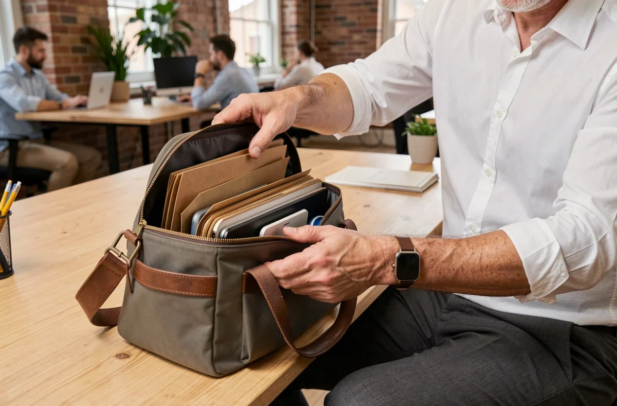 Homme en bureau co-working rangeant tablette et dossiers dans une grande sacoche organisée posée sur un bureau en bois