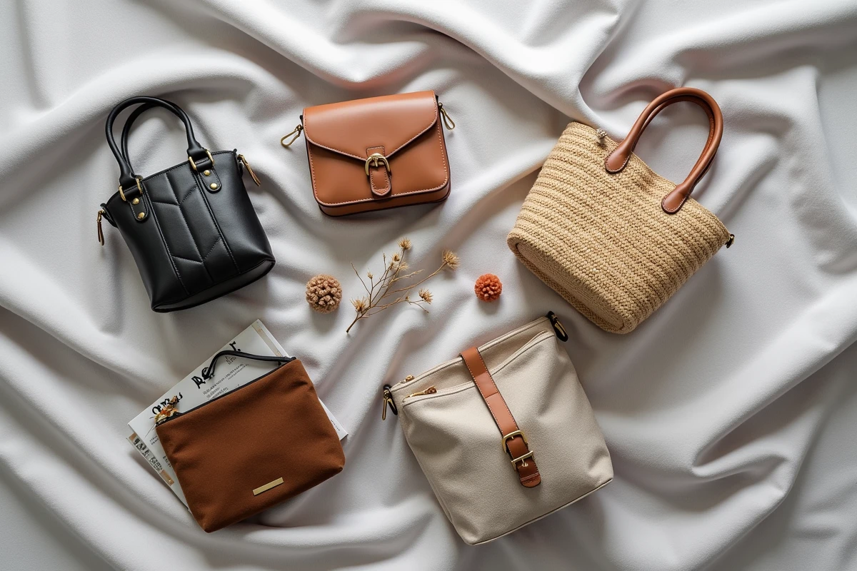 Sélection de sacs à main tendance 2026 en vue flatlay sur lin gris, comparaison styles et matières