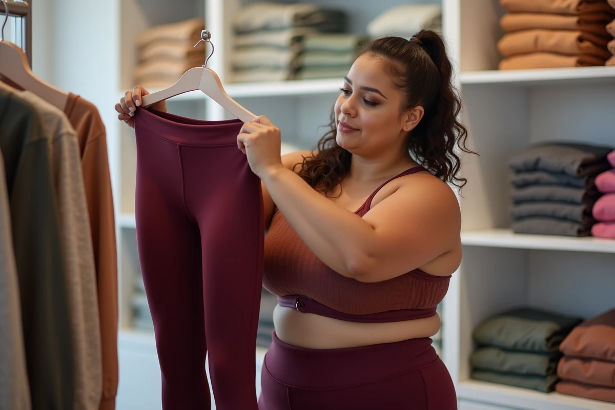 Femme grande taille en boutique de sport examinant un legging spandex haute taille bordeaux, illustrant le choix d'un vêtement extensible bien adapté aux morphologies généreuses