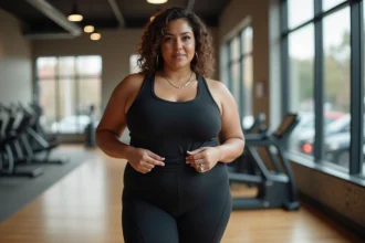 Femme grande taille portant une tenue spandex ajustée dans une salle de sport moderne, illustrant le maintien et le confort des vêtements stretch grande taille