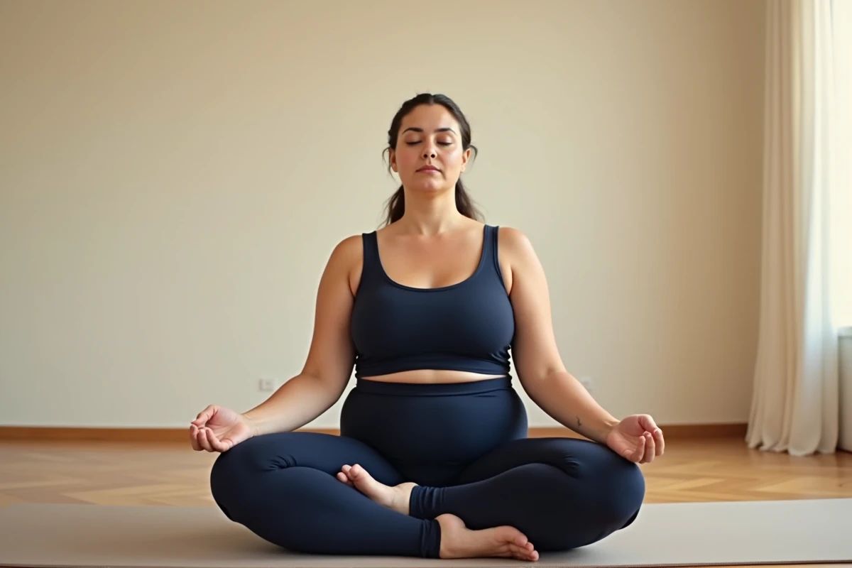 Femme grande taille en legging spandex bleu marine pratiquant le yoga dans un studio minimaliste, démontrant le confort et l'adaptabilité des matières extensibles pour les grandes tailles