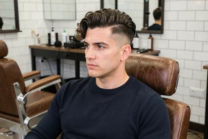 Homme aux cheveux longs sur le dessus avec un taper bas sur les côtés assis dans un fauteuil de barbier moderne