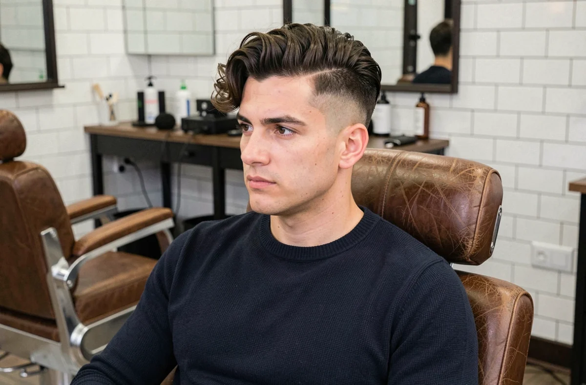 Homme aux cheveux longs sur le dessus avec un taper bas sur les côtés assis dans un fauteuil de barbier moderne