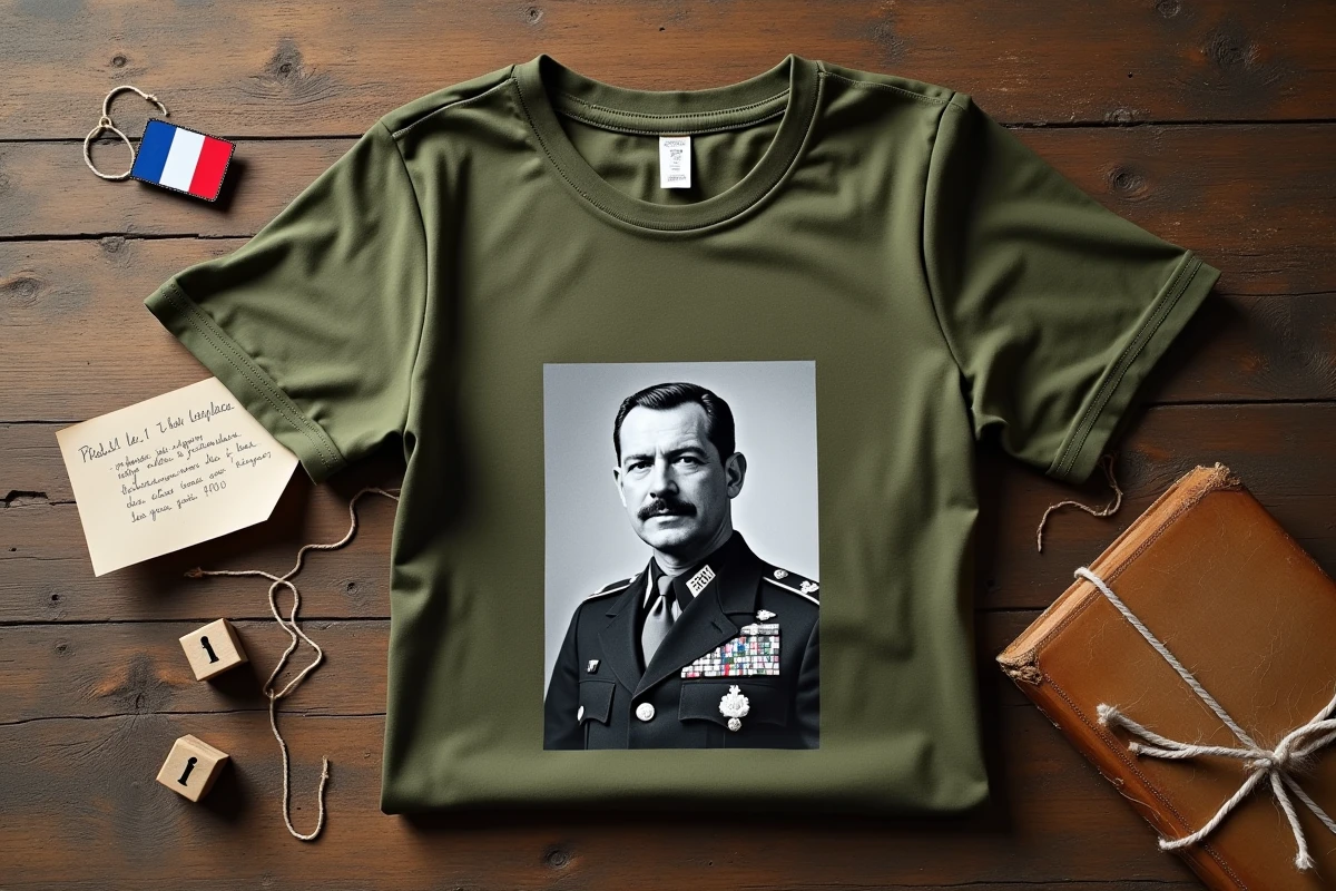 Tee shirt Charles de Gaulle plié avec drapeau français et livre d'histoire en cadeau