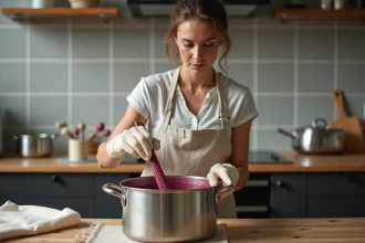 Femme teignant du tissu polyester avec de la teinture bordeaux dans une cuisine, port de gants en caoutchouc et tablier