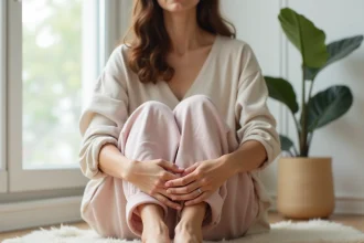 Femme assise sur un parquet en bois présentant ses pieds nus avec confiance dans un intérieur minimaliste scandinave