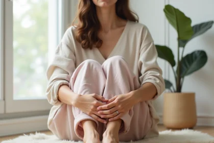 Femme assise sur un parquet en bois présentant ses pieds nus avec confiance dans un intérieur minimaliste scandinave
