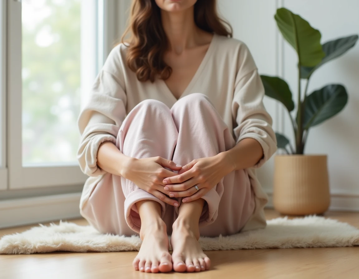 Femme assise sur un parquet en bois présentant ses pieds nus avec confiance dans un intérieur minimaliste scandinave