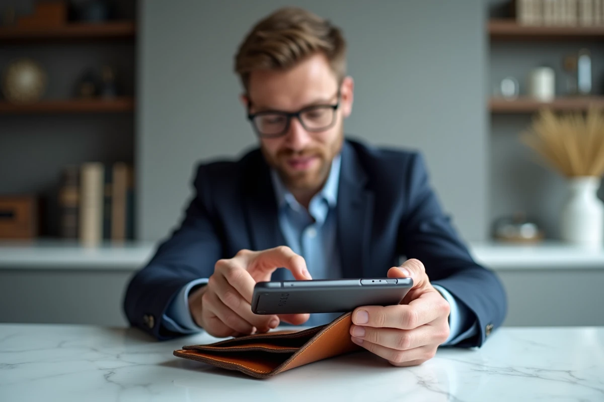 Homme photographiant le code date à l'intérieur d'un portefeuille Louis Vuitton pour vérifier son authenticité